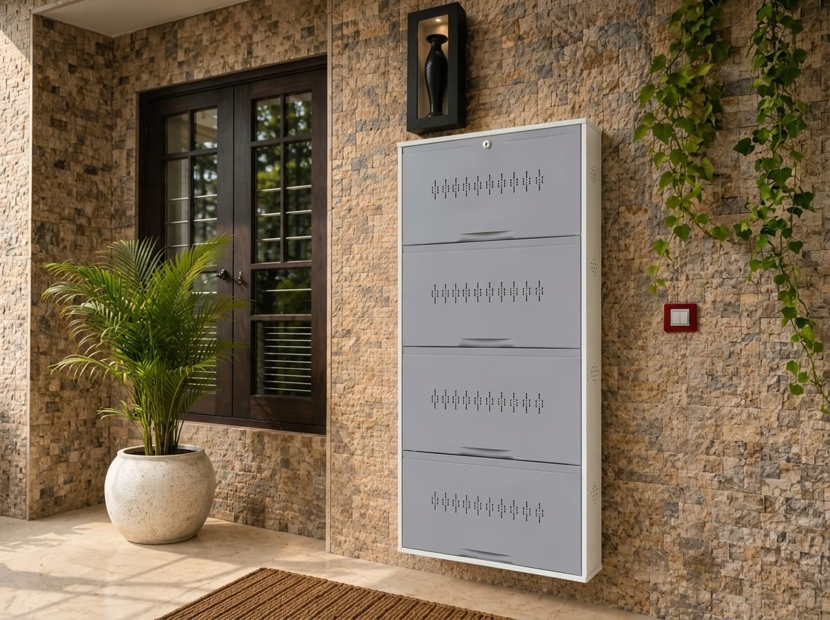 Grey White wall-mounted steel shoe rack in an entryway foyer, showing the powder-coated dual-tone finish