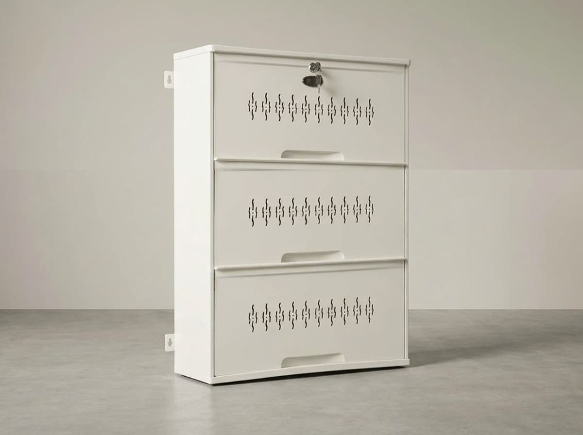 Ivory White DD-3 Double Decker wall-mounted steel shoe rack with three closed tiers, 41 inches tall, holding 18 pairs